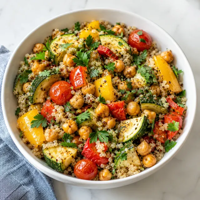 Roasted chickpeas and quinoa with zucchini, sweet peppers, cherry tomatoes and parsley
